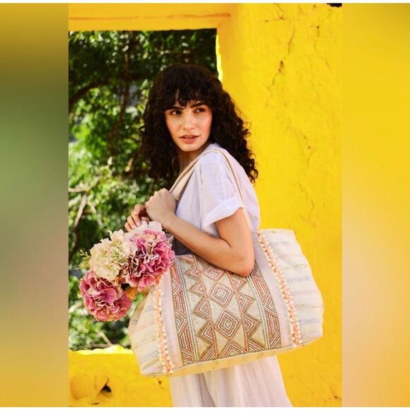 American & Beyond Handbags - America and Beyond ROSE GOLD TOTE-HAND BEADED METALLIC TOTE FOR WOMEN